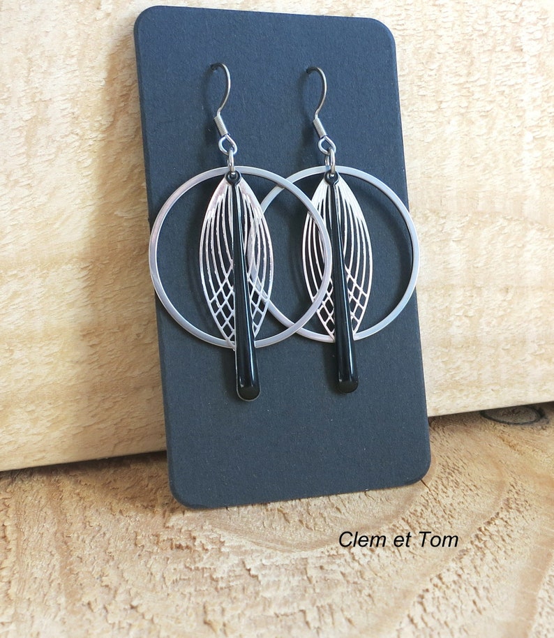 Silver and black, silver and red earrings, rings, hoops, stainless steel, light earrings, trendy. Black