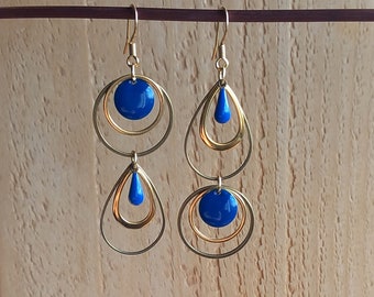 Asymmetrical, off-center, teardrop earrings, bronze and gold, boho dangling earrings.