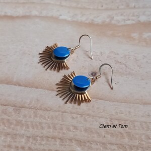 Sun earrings, gold, colors, sun rays, stainless steel, enameled sequins. Blue