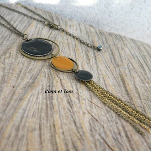 vintage long necklace, long necklace, rings, ocher, black, boho jewelry, bronze and gold chain, 70s.