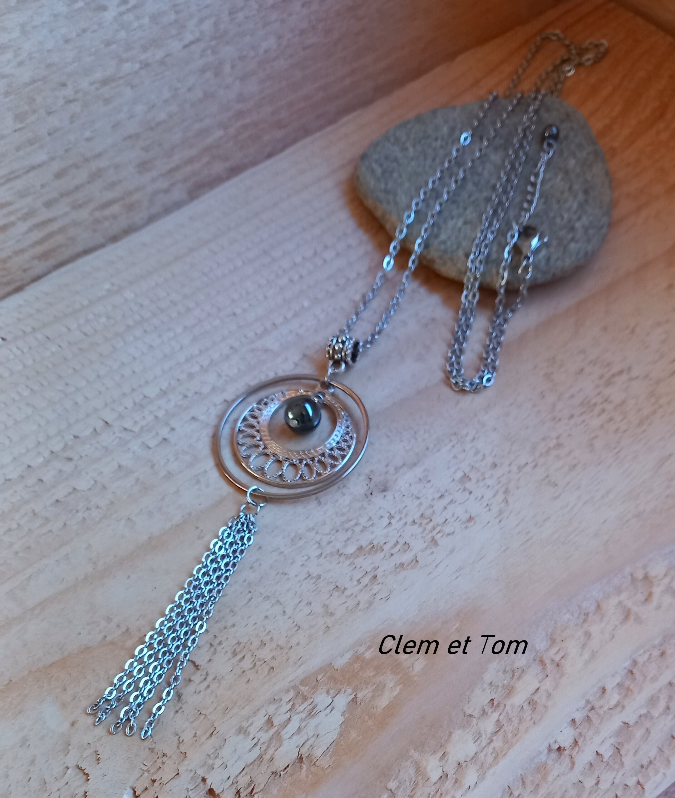 black and silver sautoir necklace, long necklace, natural hematite stone bead, boho necklace.