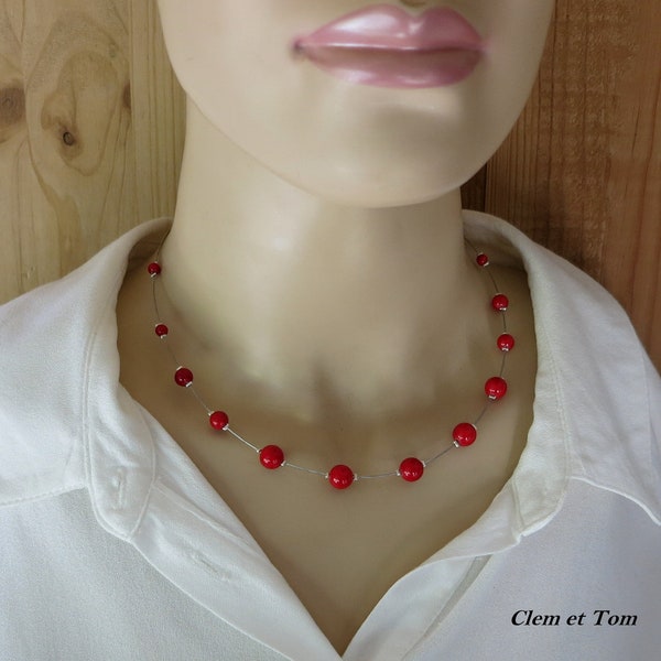 Collier rouge, perles rouges cerise, collier classique, bijou de printemps