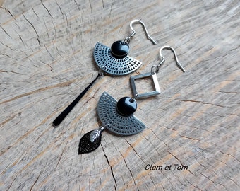 Asymmetrical earrings, long mismatched earrings, black and silver, trendy offbeat earrings, non-pierced ear clips.