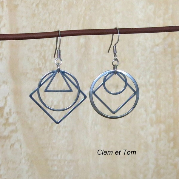 Boucles argentées asymétriques, formes géométriques, triangle, anneaux, carrés, boucles dépareillées , acier inoxydable