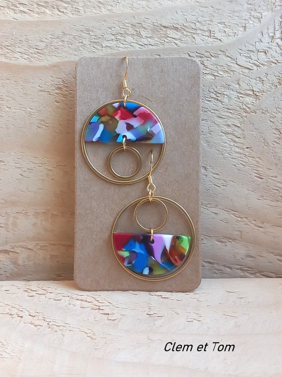 Boucles D'oreilles Anneaux En Résine Bleue - Fermoir Argent Sans Nickel, Neuves Avec étiquettes