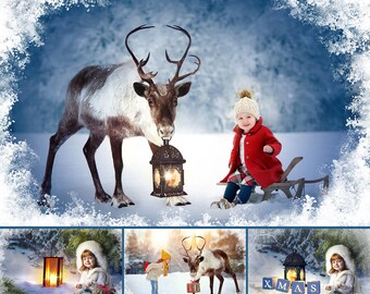 Christmas Set of 50 Photoshop Overlays, Backdrop, Santa, Reindeer, Lightg, Holiday, Snow frame, Decoration, Chimney, photoshop overlays