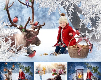 Christmas Set of 55 Photoshop Overlays, Backdrops, Santa Deer, Reindeer, Lightg, Holiday, Snow frame, Decoration,branches,photoshop overlays