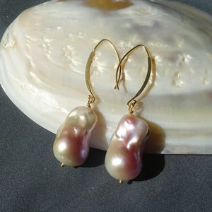 Large baroque cultured pearl earrings, dangling, large vermeil hook, unique pieces