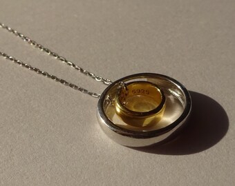 Love necklace, double happiness necklace, double rings, solid 925 silver and vermeil, adjustable length between 40cm and 45cm