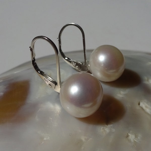 Boucles d'Oreilles Grosse Perle de Culture d'Eau Douce, Perles taille 10.2 ou 10.7mm à choisir, Crochet Dormeuse Fermé