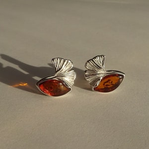 Genuine Amber Stone Earrings, Ginkgo Leaf Pattern, 925 Solid Silver Earrings