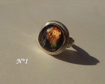 Bague en agent massif 925 avec verre dichroïque aux couleurs chatoyantes, bague taille unique réglable