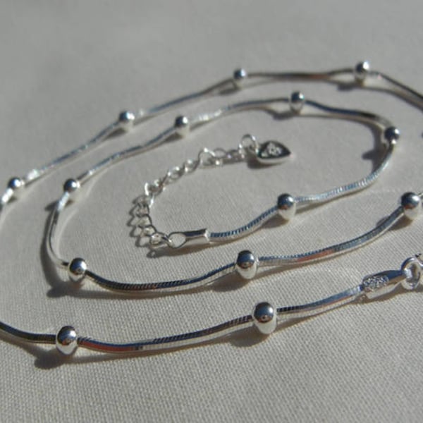 Fine beaded chain, serpentine mesh chain, 925/1000e silver, Adjustable length between 40 cm and 44cm