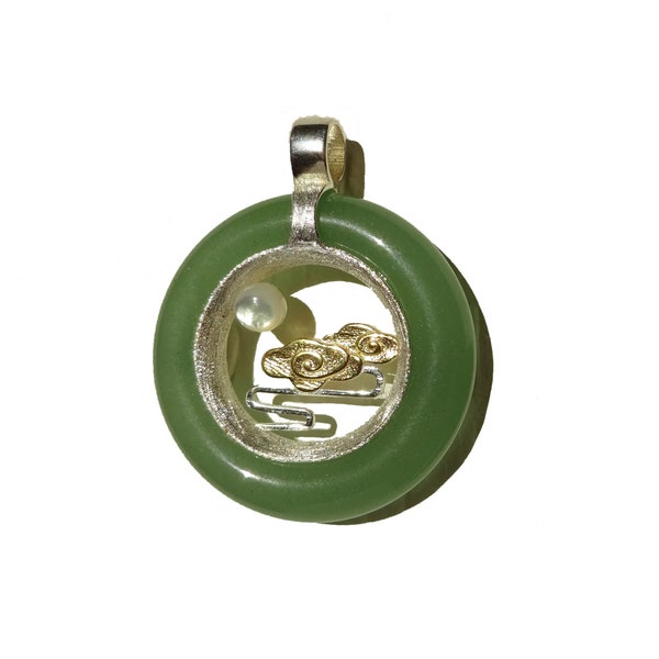 Pendentif perles de coquillage et pierre aventurine, motif nuage, en argent massif 925 effet brossé, collier cuir ep 2.5mm offert