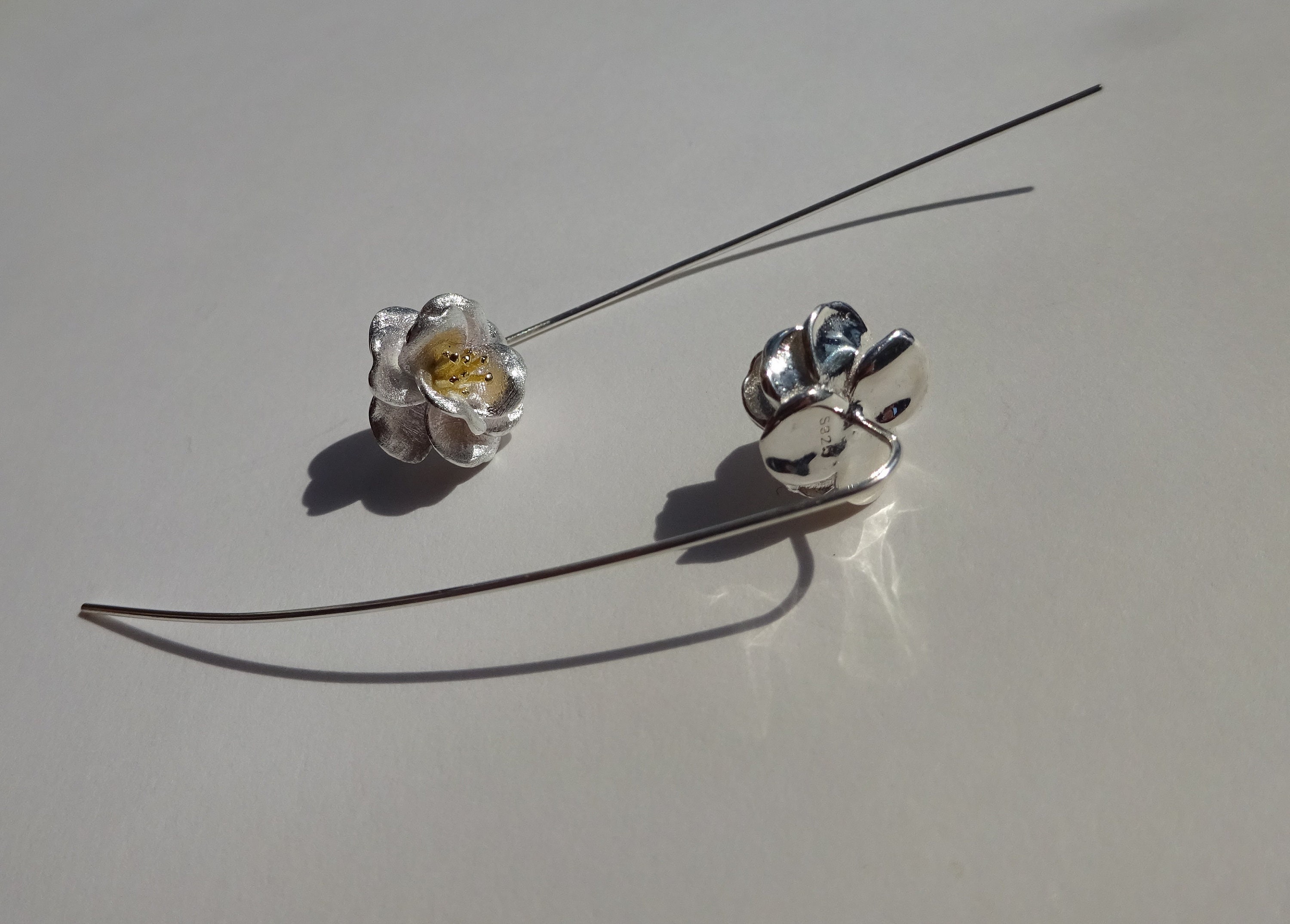 Boucles D'oreilles Argent Massif 925 Fleur - Grandes Pendantes, Occasion