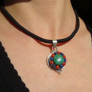 Ethnic pendant in solid 925 silver, turquoise stone, lapis lazuli stone and white coral tinted in red, sold with necklace presented