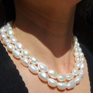 Large freshwater cultured pearl necklace, white pearls, baroque pearls, 2 in 1 necklaces, custom-made jewelry