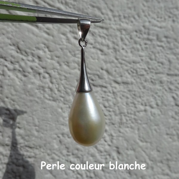 Pendentif Grosse Perle de Culture d'eau douce forme goutte d'eau, perle couleur blanche ou rose dorée, pièce unique