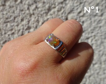Anillo ajustable con piedra de ópalo natural, ópalo etíope, ópalo Welo, gema, color arcoíris, plata de ley 925