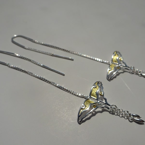 Boucles d'oreilles chaînette motif libellule en argent massif 925 et en vermeil.