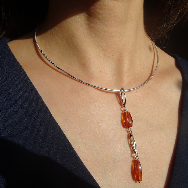 Amber duo pendant, solid 925 silver