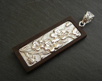 "Cherry Blossoms" Pendant Japanese Print in Sandalwood and 950 Sterling Silver
