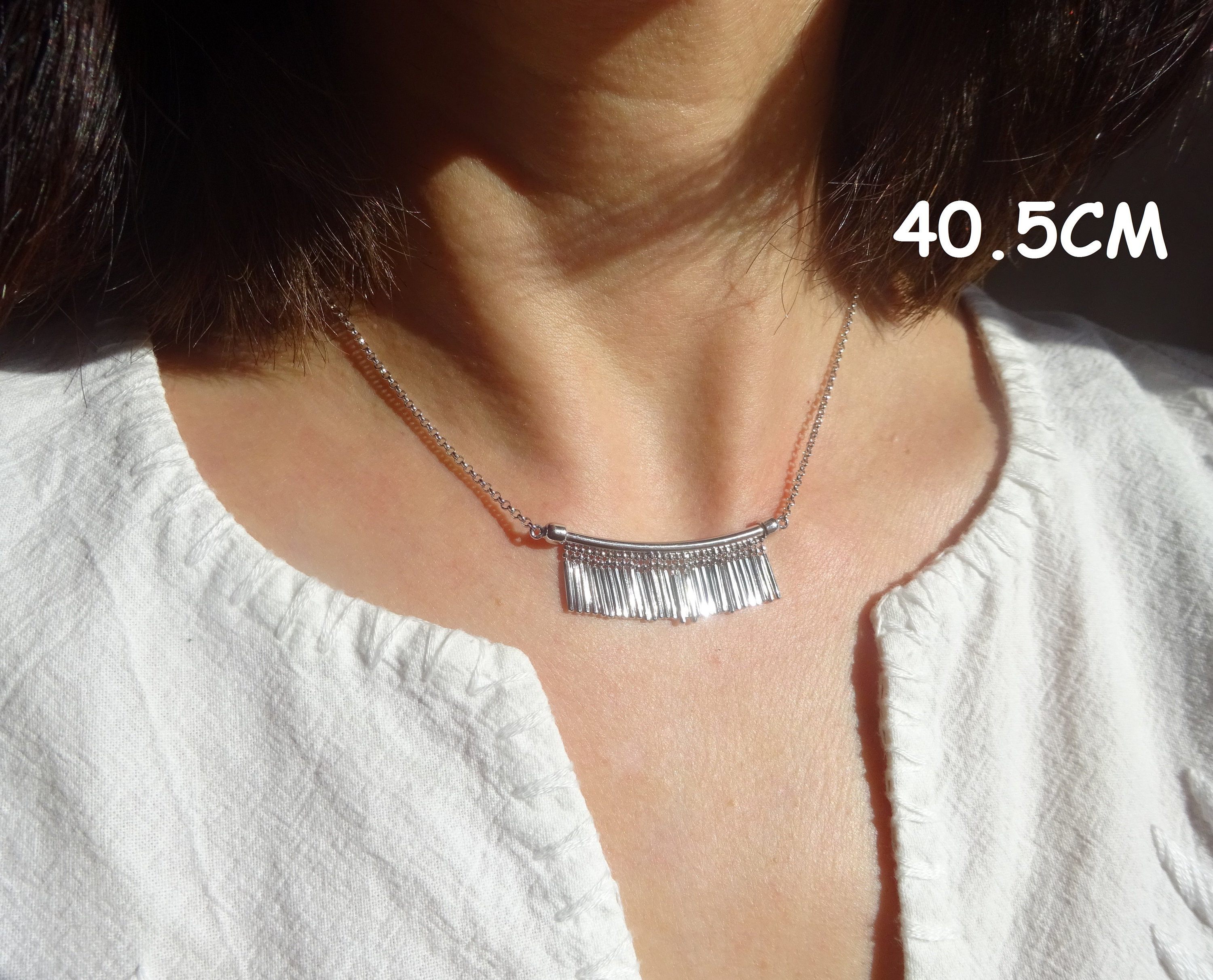 925 Sterling Silver Chain Necklace with Fringes, adjustable between 40.5 and 45.5cm