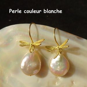Dragonfly motif earrings in 925 vermeil, baroque cultured pearl in pink or white color to choose from
