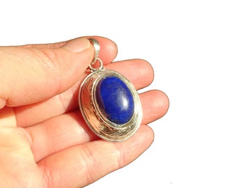 Pendentif ethnique, pedentif en lapis lazuli, en agent Massif 925, pierre bleu, ethnic style, collier coton pendentif offert, pièce unique