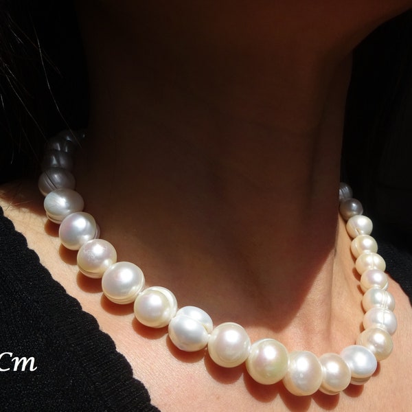 Collier grosses perles de culture d'eau douce 11.5-12mm, perle ronde cerclée, Longueur 43Cm
