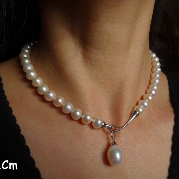 Collier Perle de Culture d'Eau Douce Perle taille 8.5-9.5 avec une grosse perle forme goutte 10.5mm X 14.5mm, collier personnalisable