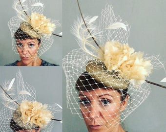 SALE Fascinator, Cream and gold wedding hat, fascinator, ascot hat Fascinator
