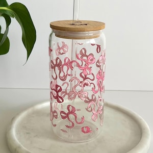 Pink Bow Glass Cup, Bamboo Lid, Glass Straw, Bow Iced Coffee Glass, Coquette Pink Bow Glass, Girly Drinking Glass