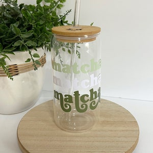 Matcha Matcha Matcha Cup, Bamboo Lid, Glass Straw, Beer Can Glass, Matcha Glass, Green Matcha Glass, Gift for Women, Glass for Matcha