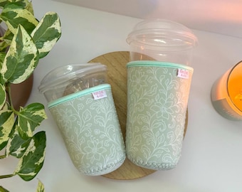 Dainty Floral Iced Coffee Sleeve | Reusable Cup Sleeve with Minimalist Flower Design | Gift for Coffee Lover, Aesthetic Coffee Accessories