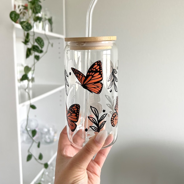 Monarch Butterfly Glass, Monarch Can Glass, Orange Monarch Butterfly glassware, Butterfly Iced Coffee Glass, Butterfly Drinking Glass