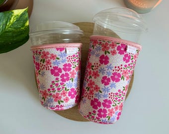 Multi Colored Bright Floral Iced Coffee Sleeve | Summer Floral Reusable Cup Sleeve | Gift for Coffee Lover | Coffee Accessories