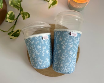 Blue Floral Iced Coffee Sleeve | Reusable Cup Sleeve with Floral Design | Gift for Coffee Lover | Coffee Accessories