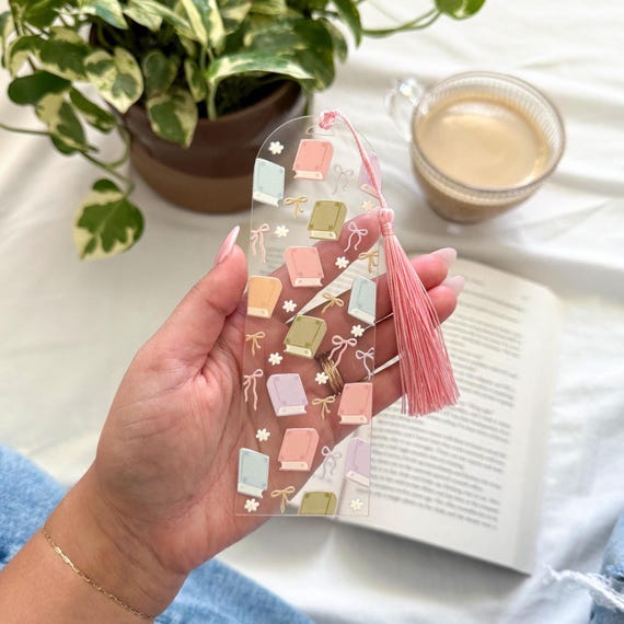 Pastel Books and Bows Acrylic Bookmark, Aesthetic Bookish Gift for Book Lover, Cute Bookmark for Reader, Bookish Gift for Reader