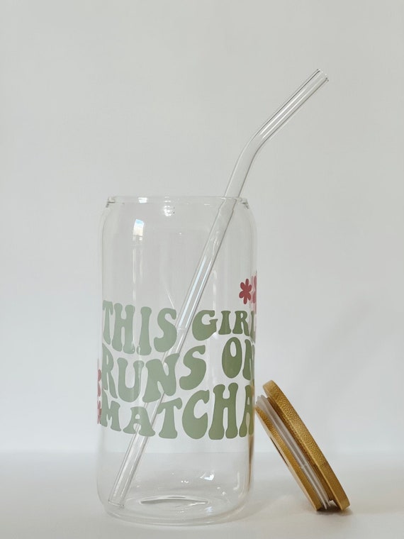 This Girl Runs on Matcha Cup, Bamboo Lid, Glass Straw, Beer Can Glass, Matcha  Glass, Green Matcha Glass, Gift for Women, Friend 