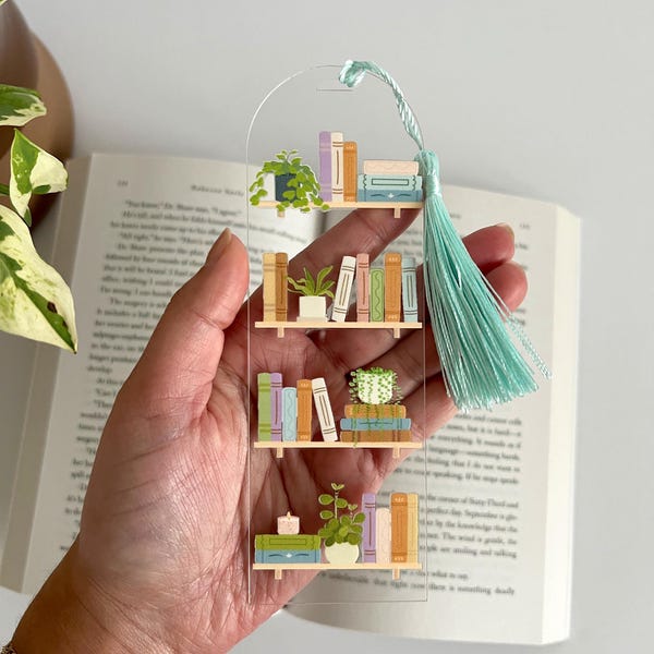 Bookshelf Acrylic Bookmark,Books and Plant Bookmark with Tassel, Book Lover Gift, Aesthetic Bookshelf Bookmark for Reader