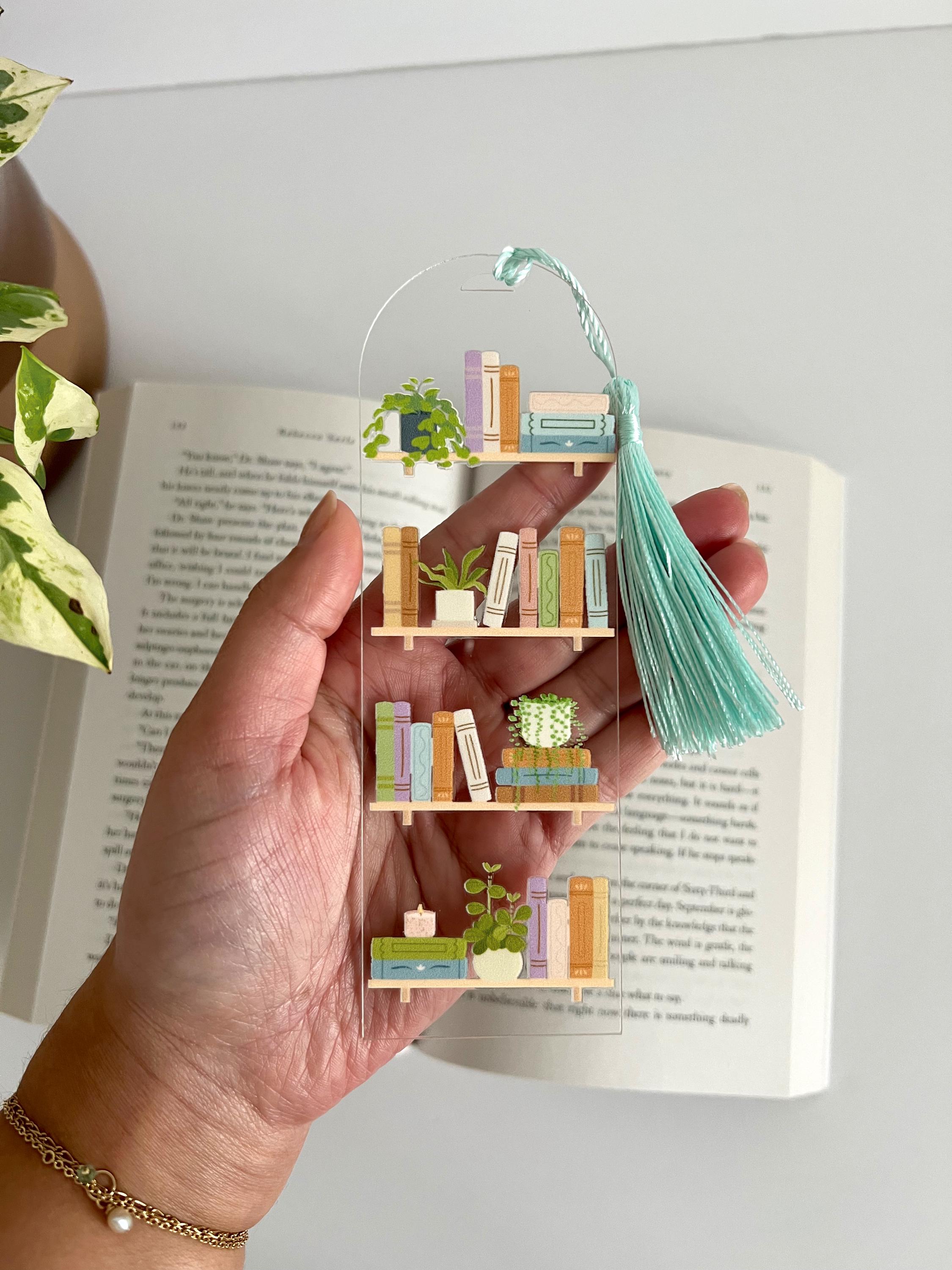 Bookshelf acrylic bookmark, aesthetic plastic bookmark, gifts for book lover, books and plants bookmark, plants and bookshelf bookmark