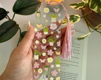 House Plant and Flower acrylic bookmark, aesthetic plastic bookmark, gifts for book lover, plant and butterfly spring bookmark