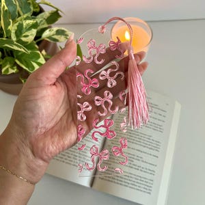 Pink Bow Acrylic Bookmark,Trendy Bow Bookmark,Bookish Bow Bookmark,Coquette Pink Bow Bookmark,Bow Bookmark with Tassel,Gift for Book Lover