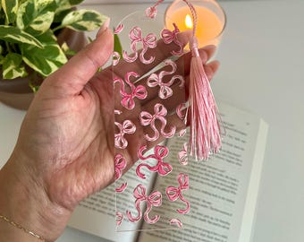 Pink Bow Acrylic Bookmark: Book Lover Gift with Tassel