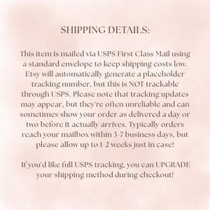 May include: Text on a light pink background reads "SHIPPING DETAILS:" followed by information about USPS First Class Mail, tracking, and delivery times. The text also mentions upgrading the shipping method.