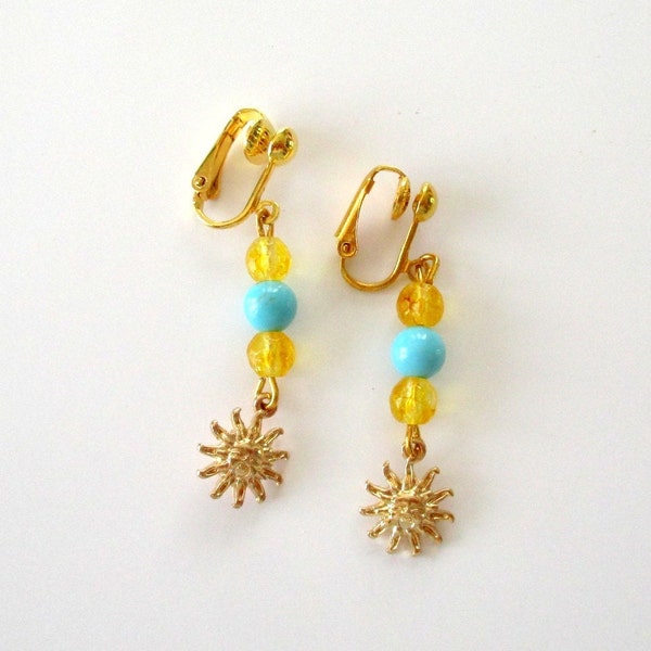 Clips boucles d'oreilles trio perles semi-précieuses et soleil. citrine et turquoise