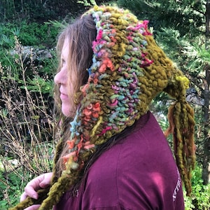 Hand Knitted Wool Hood: Botanically Dyed Texture Art Yarn