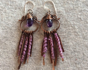 Rustic Amethyst Copper Earrings, Tribal Long Earrings, BOHO Earrings, sari silk wrapped earrings , Dangle earrings