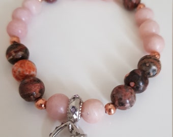 Pink Opal/Leopard Jasper pearl bracelet; heart; lithotherapy